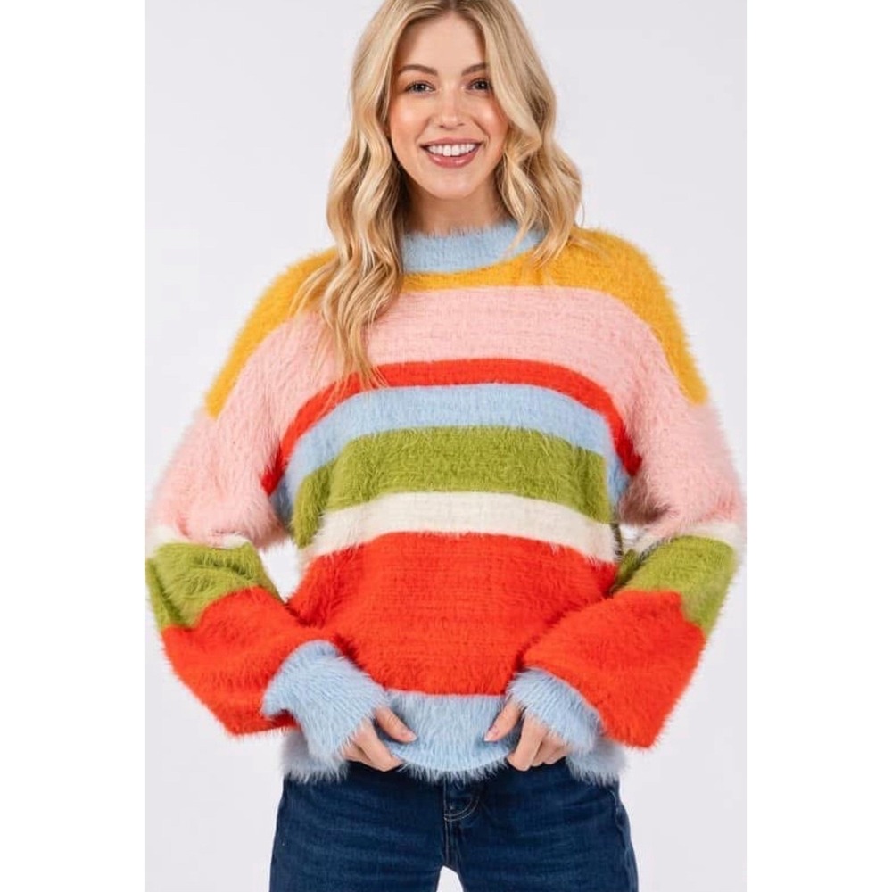 Sage + Fig Striped Fuzzy Eyelash Knit Oversized Soft Sweater Multicolor NWT